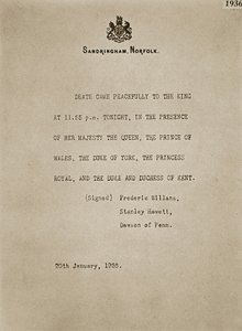 1936年1月20日乔治五世去世后，公报在Sandringham张贴 作者 不明